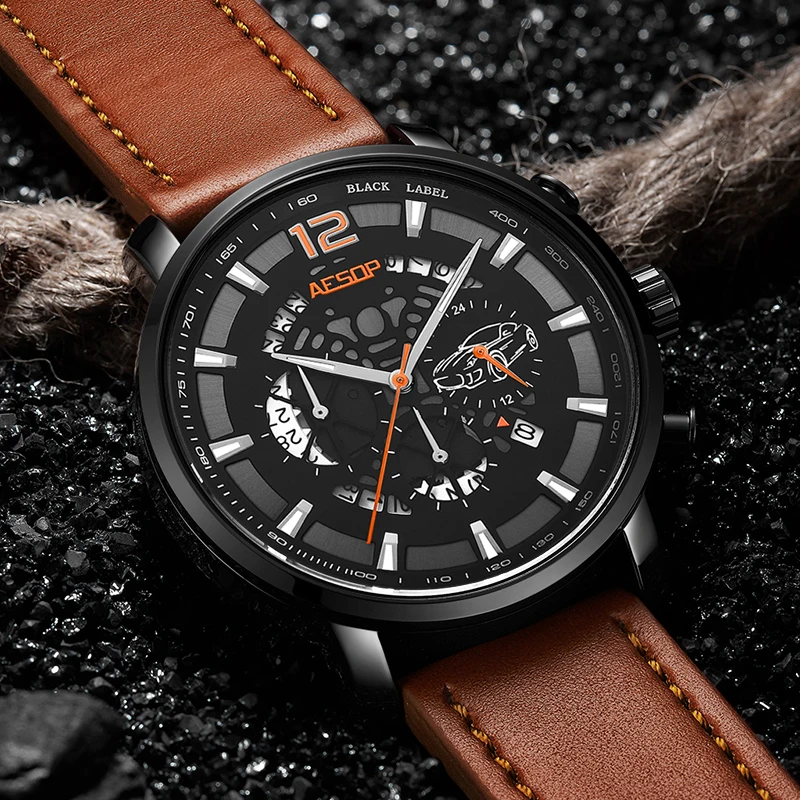 

Aesop Sport Watch Men Leather Band Men's Wristwatch Male Clock Men Wrist Watch Waterproof Relogio Masculino Hodinky