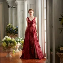 Finove платье для выпускного вечера Длинные Аппликации Элегантное бордовое сексуальное Разделение сторона с низким вырезом на спине; женская модельная официальная Вечеринка платье vestido de fiesta