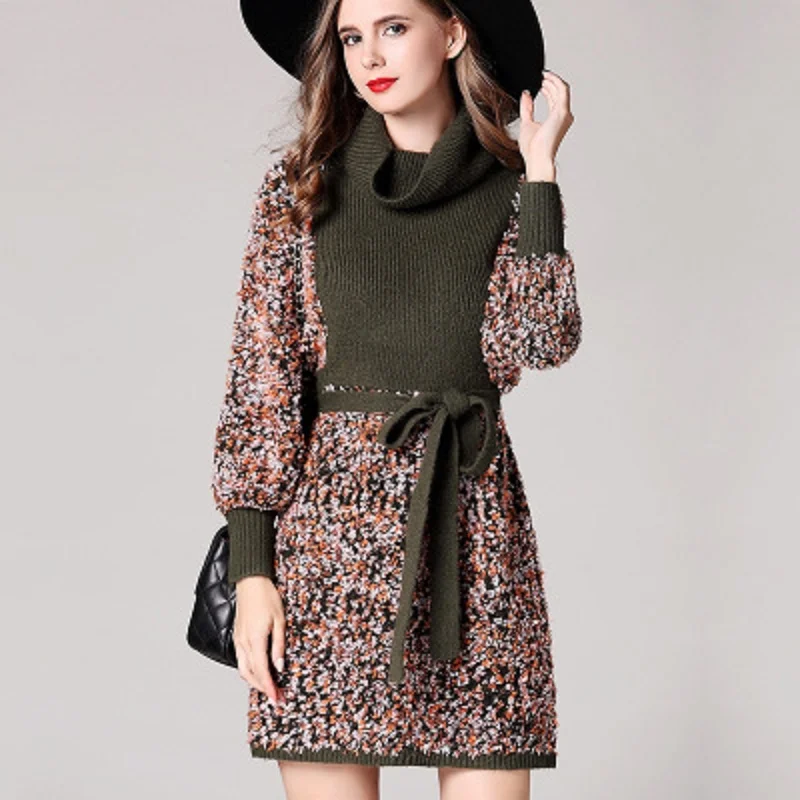 2017 Autumn Knitted High Street Empire Elegant A line Slim Patchwork Lantern Sleeved New Above Knee