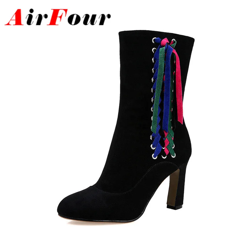 

Airfour Zippers High Heels Sheepskin Black Shoes Woman Round toe Mid-calf Boots for Women Autumn/Winter Boots Large Size 34-43