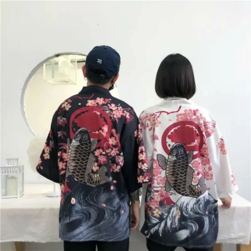 

Japanese Kimono Cardigan Women Students Retro Casual Plus Size Robe Vintage Fish Print Loose Sun Protection Coat Beach Outwear