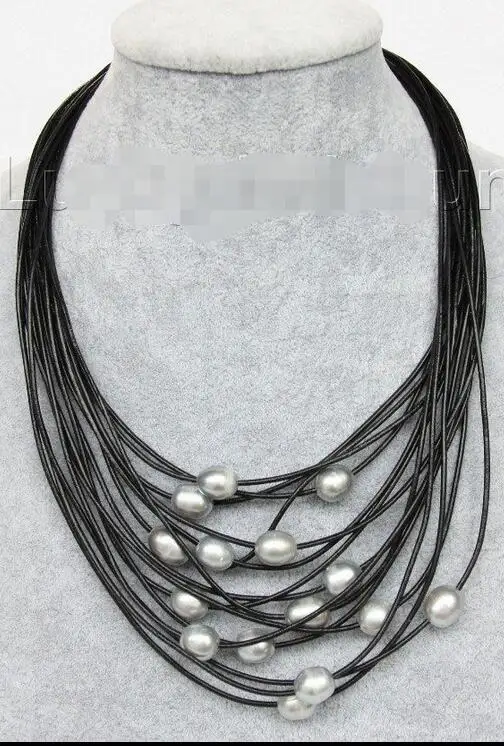 

Free Shipping >>> 17"-24" 13mm 15row gray pearls Black leather necklace magnet clasp j9617