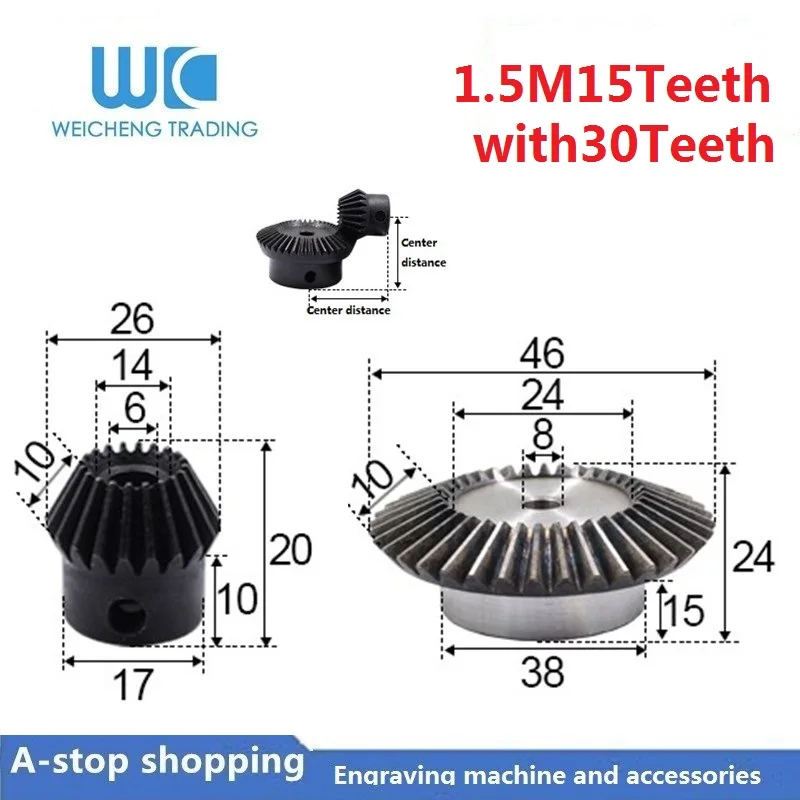 

2pcs 1:2 Bevel Gear 1.5 Modulus 15 Teeth + 30teeth Inner Hole 8mm 90 Degree Drive Commutation Steel Gears Steel Gears Screw M5