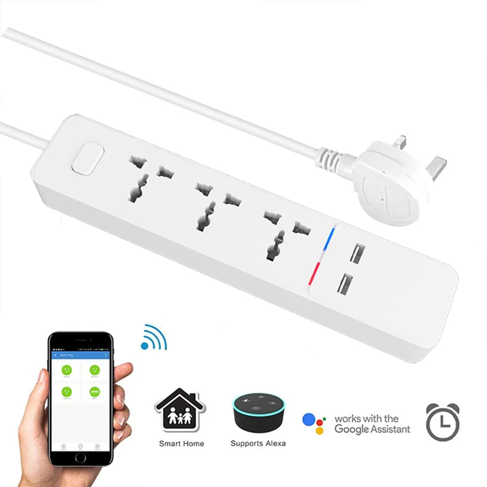 Baratos Banda de Alimentación inteligente Wifi con 3 tomas universales 2 estación de carga USB funciona con enchufes Alexa Google Home asistente REINO UNIDO AU UE India