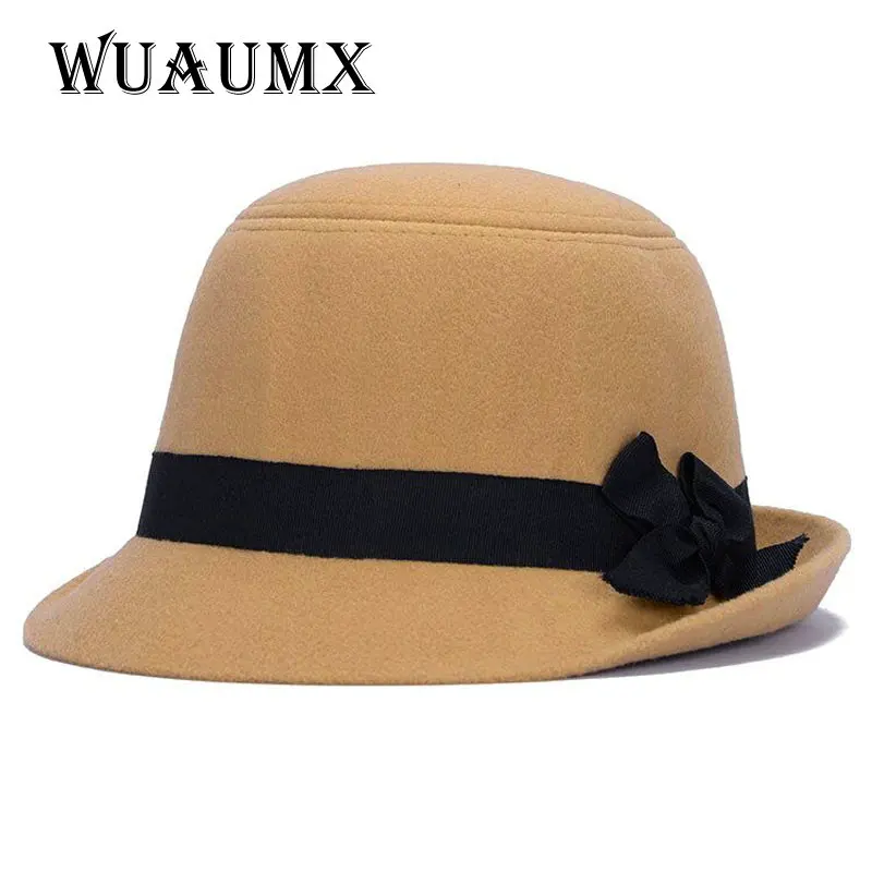 [Wuaumx] Brands Winter Fedora hats for female ladies felt top hat for