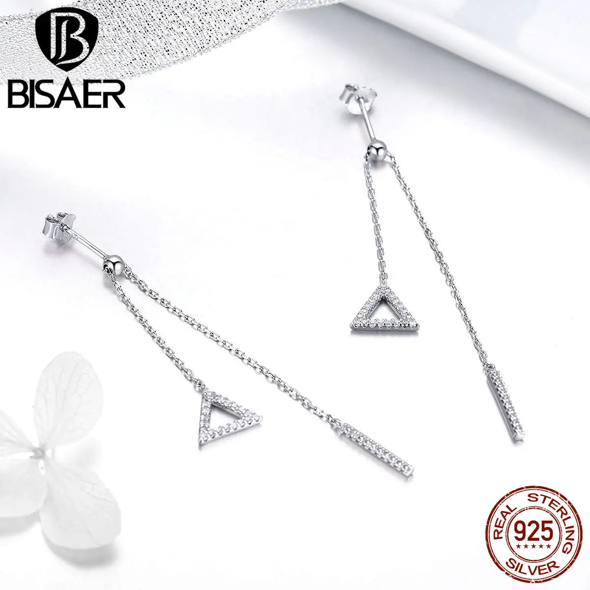 

BISAER 925 Sterling Silver Geometric Triangle Long Drop Earrings for Women Wedding Jewelry Cubic Zirconia Fashion Bijoux GAE051