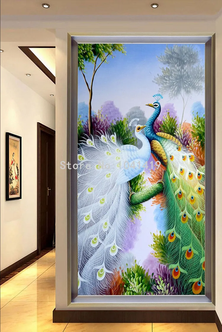 Фотообои Цвет Павлин 3D Фреска отель лобби гостиная вход коридор Интерьер Декор природа обои нетканые фрески