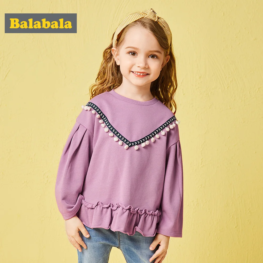 

Balabala Toddler Girl Puff-Sleeved Sweatshirt with Ruffled Hem Children Kids Ribbed Crewneck Sweatshirt Top with Mini Pom Poms