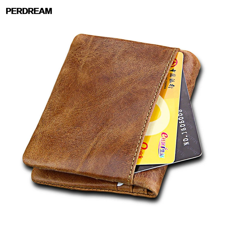

PERDREAM Vintage Cowhide Wallet for Man Anti-theft Brush RFID Short Square Purses Fashion Genuine Leather Id Card Holder