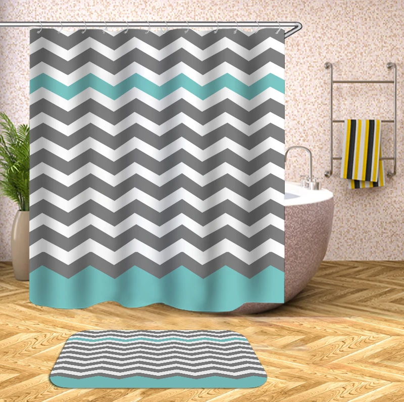 

Wavy Stripes Bathroom Shower Curtain Geometric Printed Waterproof Bath Curtains for Bathtub Bathing Cover Large Wide 12pcs Hooks