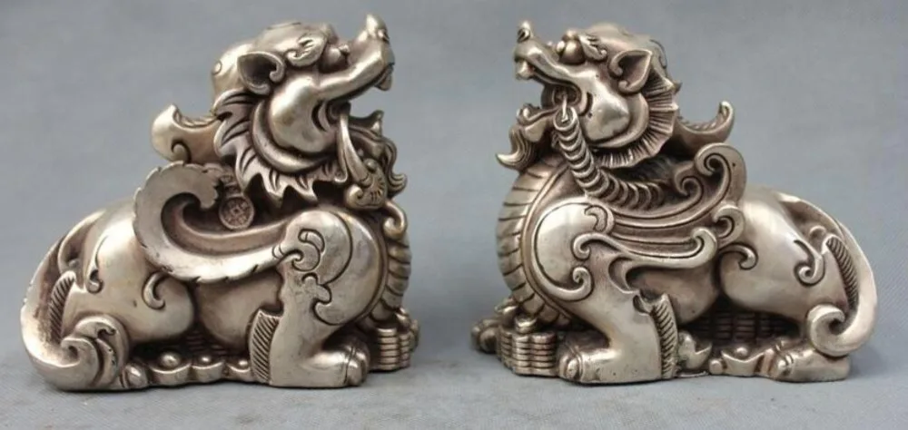 

China FengShui Foo Dog Lion Brave troops Silver White Bronze Pixiu Statue pair