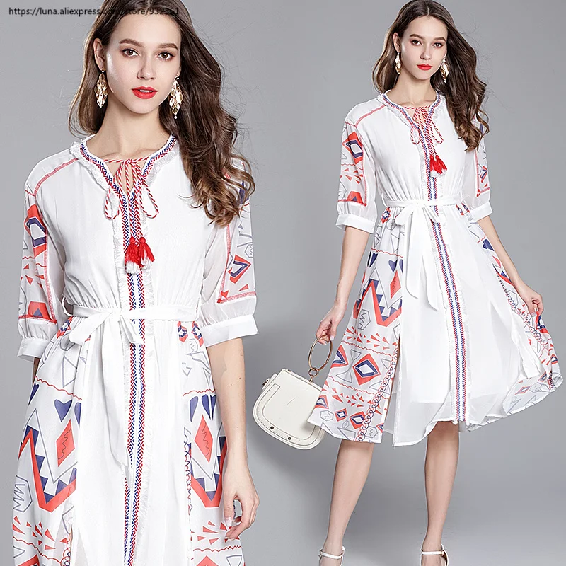 

Women Retro BOHO Geometric Print Splice Chiffon Long Dresses summer Slim High Waist Side Slit White Dress Plus Size vestido 2681
