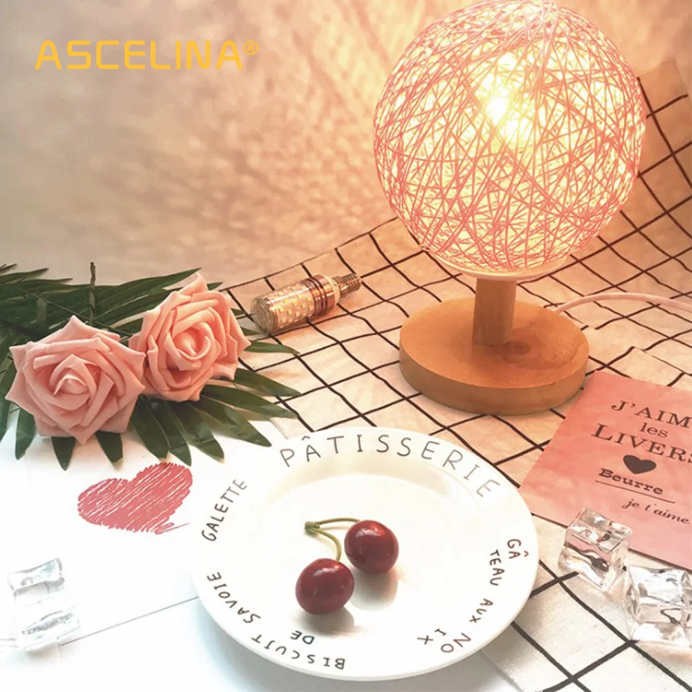 

Desk Lamps Rattan Table lamp Solid wood base Light button switch desk light bedside lamp table lamps for the bedroom decoration
