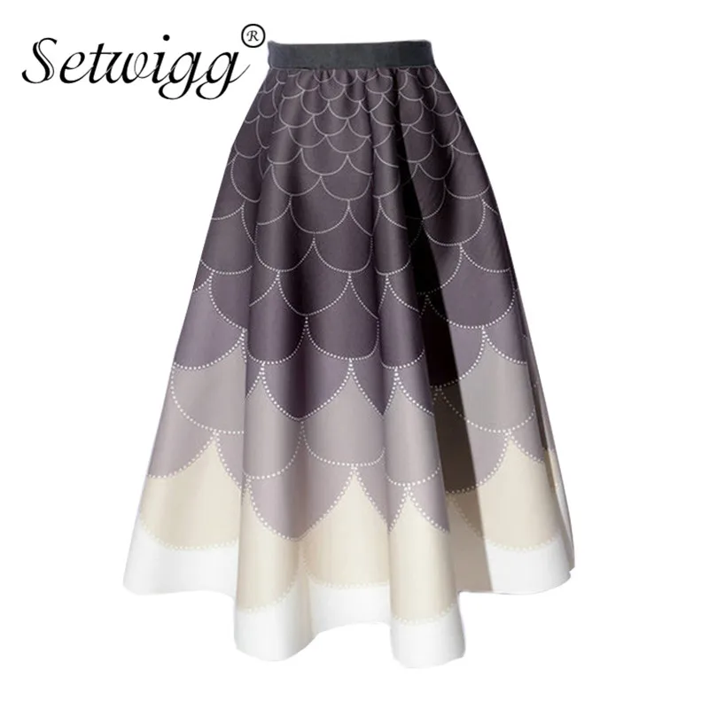 

SETWIGG Retro Puffy Thick Calf Skater Long Skirts Waist Zipper Gradient Multi-colored Fish Scales Print A-line Long Skirt