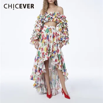 

CHICEVER Summer Vintage Print Ruffles Women Two Piece Suit Slash Neck Puff Sleeve Short Top With High Waist Irregular Skirt New