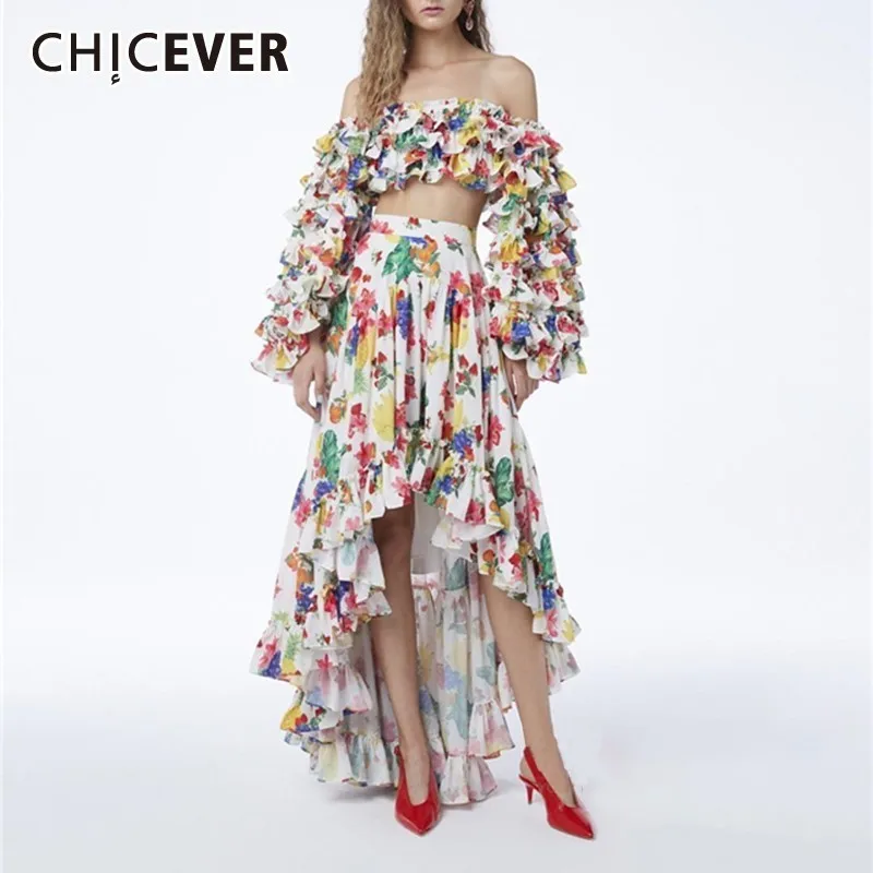 CHICEVER الصيف خمر طباعة الكشكشة المرأتين قطعة دعوى مائل الرقبة نفخة كم البنطال القصير مع عالية الخصر غير النظامية تنورة جديد