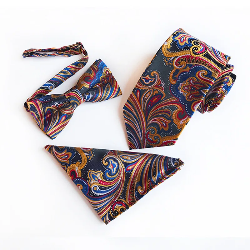  3 PCS/set Man Polyester Silk Bowtie Pocket Square Tie Suit Set Hanky Groom Wedding Suits Business H