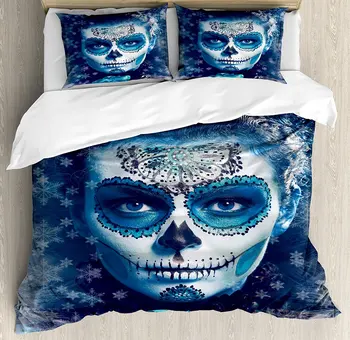 

Sugar Skull Decor Duvet Cover Set Santa Muerte Concept Winter Ice Cold Snowflakes Frozen Dead Folkloric Decor 4pcs Bedding Set