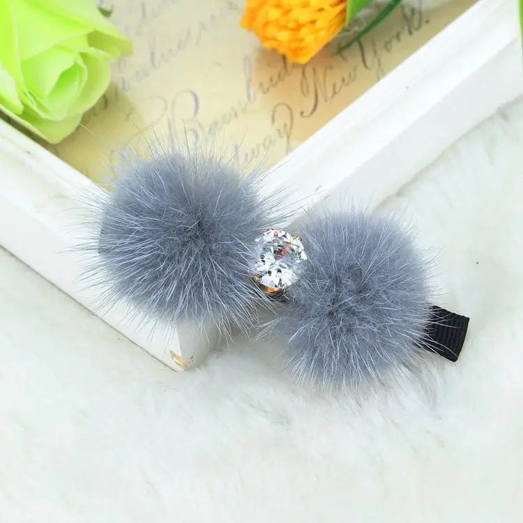 

10 pcs/lot, Vintage Mink Fur Pom Pom Hair Clip with Czech Crystal center