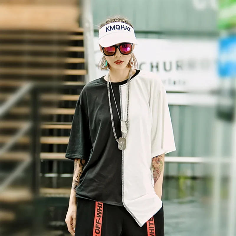 just.be.never hip hop women summer T shirt solid black white irregular patchwork casual streetwear tops fashion loose shirts | Женская