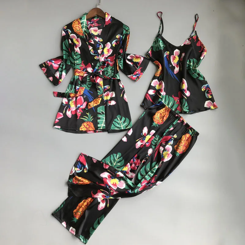 2019 на лето и весну Цветочный принт спагетти ремень Пижама атласная Шелковая пижама комплекты с брюками элегантные пикантные домашняя