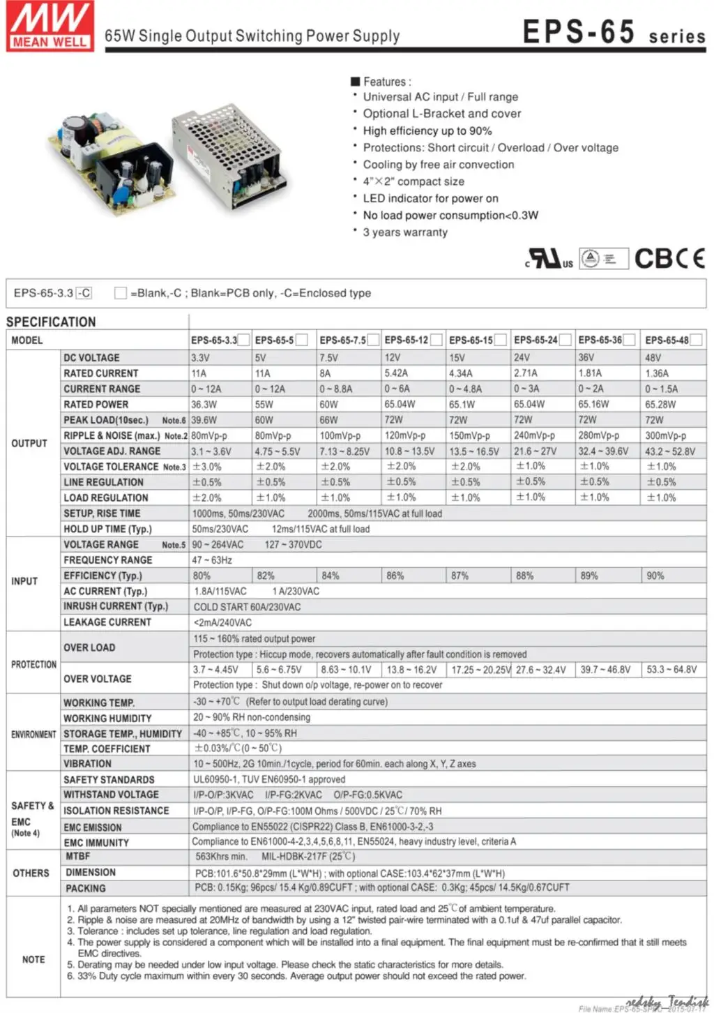 1 упаковка) Meanwell 65W эффективный источник питания DC PCB/закрытый тип EPS-65-24V/3,3/5/7,5 V 12V 15V 36V 48V 5.42A 8A 11A Замена PS-65