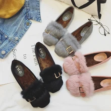 Брендовые дизайнерские пушистый кроличий мех Лоферы женская зимняя теплая обувь зимние плюшевые Сабо балетки на плоской подошве застежка zapatos mujer