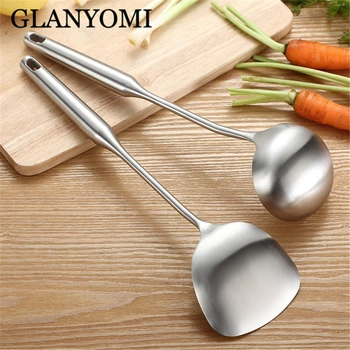 

304 Stainless Steel Turner And Soup Ladle Silver Ladle Spoon Cooking Tool Set Long Handle Big Kitchen Cooking Utensil Wall Hang