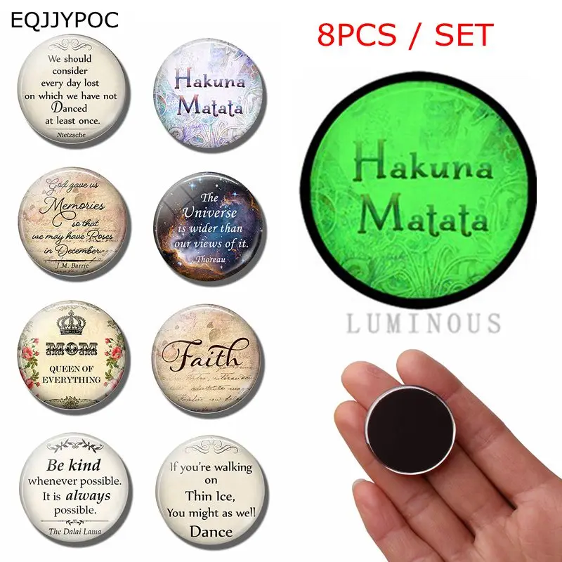

8pcs Hakuna Matata Quotes Fridge Magnet Set 25MM Luminous Glass Refrigerator Decoration Glowing At Night Letter Magnetic Sticker