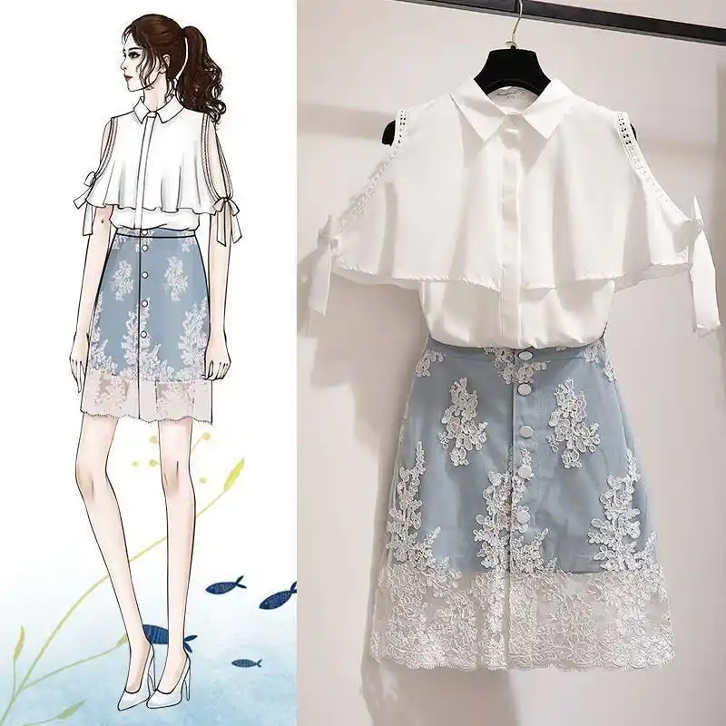 conjunto de saia e blusa de renda para senhoras