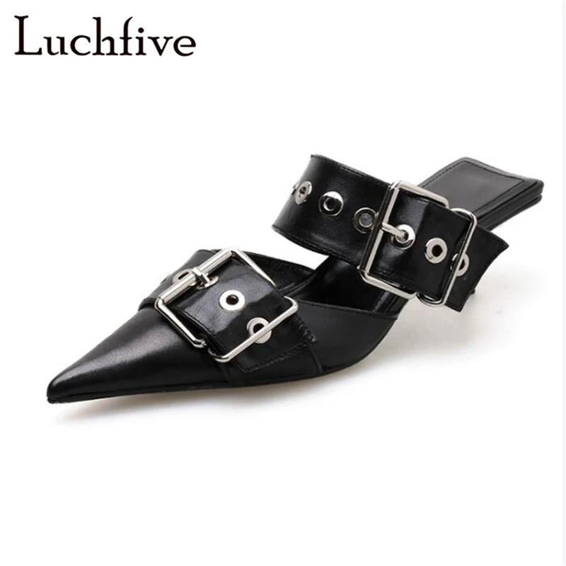 

Buckles Belts Genuine Leather Kitten Heels Women Slippers Sexy Pointy Toe Black Shoes Woman Slip On Summer Runaway Party Shoes