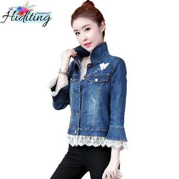 

Denim Jacket Women Spring Autumn Single-Breasted Coat 2019 New Slim Slimming Tops Short Embroidery Stitching Cowgirl Coats WIN87