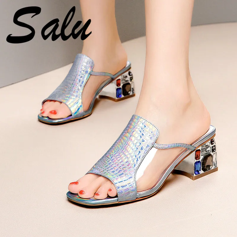

Salu Sliver Sandals for Women New Fashion Genuine Leather High Heels Shoes Woman Fashion Dress Wedding Party Shoes