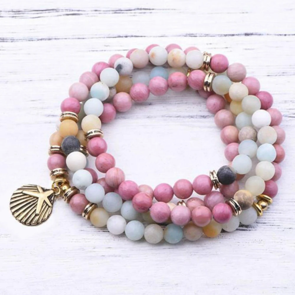Women`s bracelet 6mm Sea shells Natural stone Amazonite beads Lotus OM Buddha Charm Yoga Bracelet 108mala necklace dropshipping | Украшения