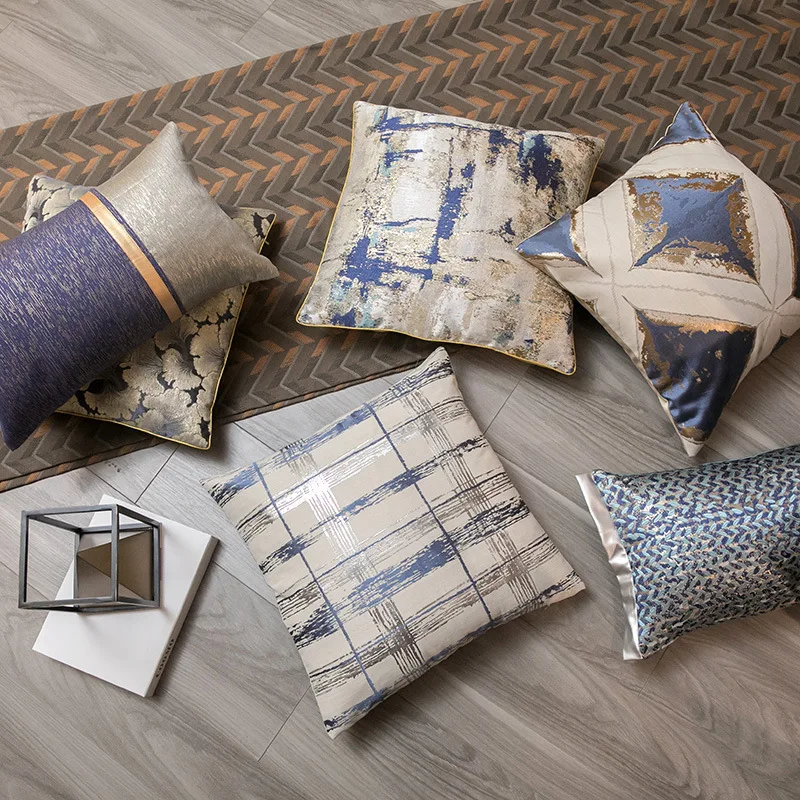 

Modern Oil Painting Pillow Case Square Vintage Blue Gray Art Pillow Cover Light Luxury Plaid Stripe Wave Geometric Cushion Cover