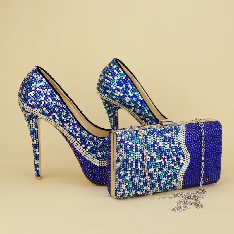 

2017 Newest Arrived Unique Designe Shoes With Matching Bag Blue Rhinestone Party Prom Nightclub High Heel Bridal Wedding Shoes