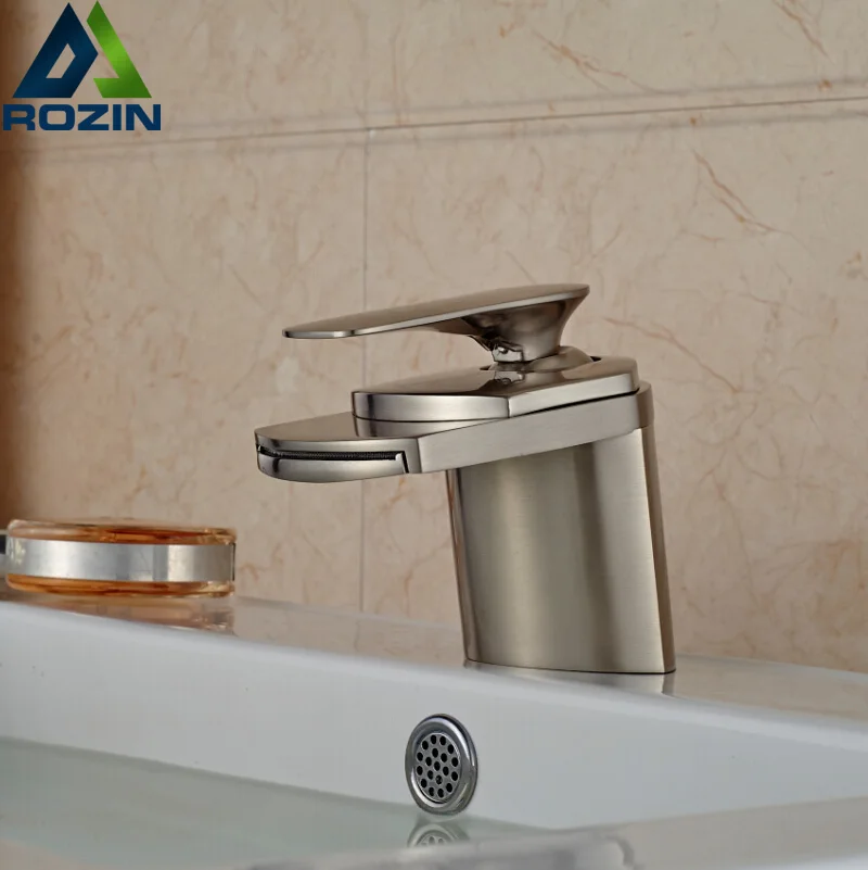 

Free Shipping Wide Waterfall Basin Sink Faucet Deck Mount Hot and Cold Water Mixer Tap Brushed Nickel Finished
