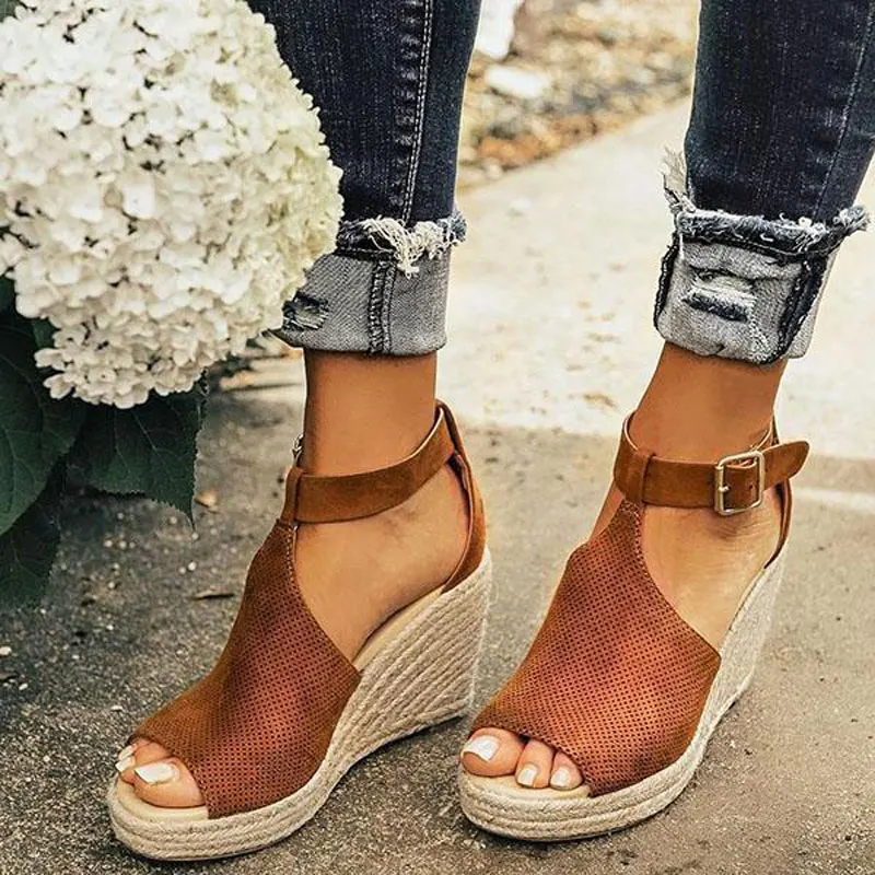 

Faux Suede Women Wedge Sandals Size 43 Platform Buckle Strap Wedges Rome Hollow Out Peep Toe High Heels Drop shipping XWZ6065