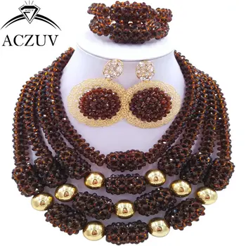 

ACZUV Latest Women African Beads Jewelry Set Brown Nigerian Necklace Wedding Accessories D4R009