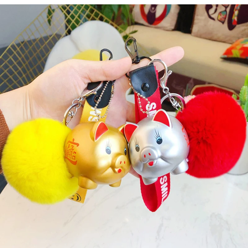 

Cartoon Fluffy Rabbit Fur Pom Pom Cute Animal Love Pig Keychain Doll Bell Pompons Key Ring Women Car Purse Key Chain Pendant