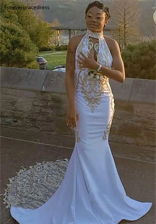 Hot Sell White Prom Dresses 2019 Black Girls Sexy Halter Keyhole Neck Gold Applique Stretchy Long Evening Gowns bc0982  129 (4)