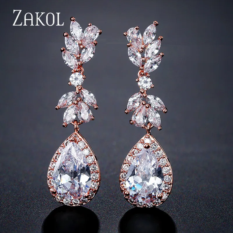 

ZAKOL White Color Flower Shape Zircon Water Drop Crystal Pendant Drop Earrings For Bridal Wedding Jewelry Accessories FSEP2226