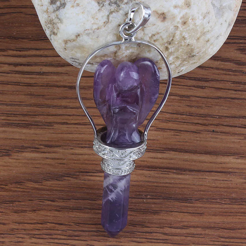 Natural Gnergy Gemstone~ Natural Healing Crystal Quartz Pendulums Hexagon Column Stones Carve Angel Scepter Pendulum Stone Pendant Fashion Jewelry 4 AA00201024303a