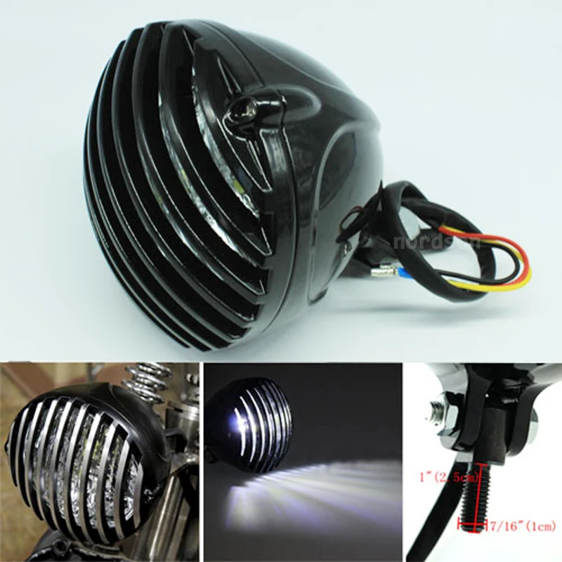 High Quality LED Grill Cover Harley Headlight Brass Finned Aluminum Lamp For Harley Cafe Racer Bobber Chopper Custom Black
