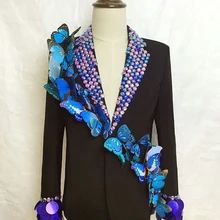 Мужской танцор певец со стразами синяя куртка с бабочками костюм Go-Go одежда на заказ мужская верхняя одежда Костюмы Пальто шоу