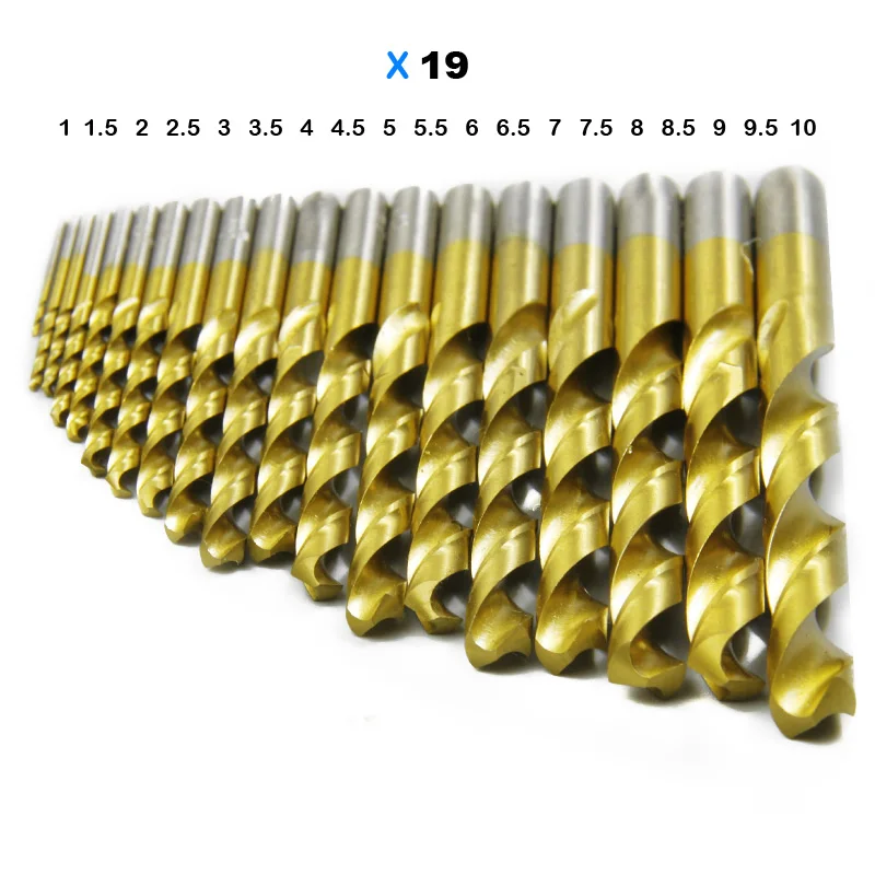 TASP 19pcs HSS Drill Bit for Metal Titanium Coated High Speed Steel Drilling Bits Set 1.0~10mm Power Tools Accessories - MDBK14