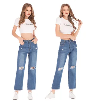 

KLV 2019 TOP Women Autumn Elastic Plus Loose Hole Denim Casual Wide Leg Pants Cropped Jeans 12.11