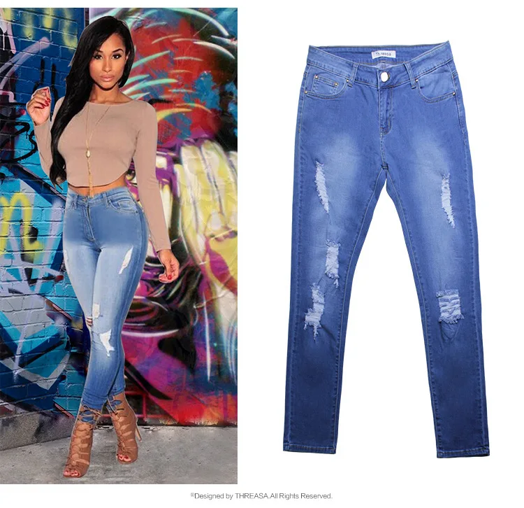 Женские летние узкие эластичные рваные джинсы с высокой талией, женские сексуальные джинсовые брюки, женские яркие синие джинсовые брюки