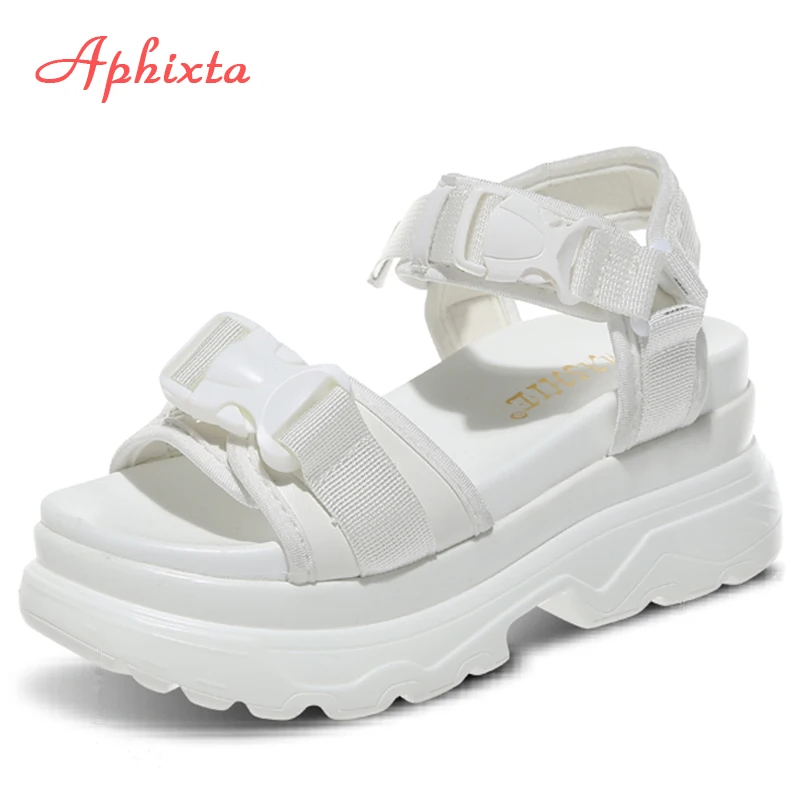 

Aphixta 8cm Platform Sandals Women Shoes Wedge High Heels Buckle Canvas Summer Thick Sole Beach Shoes Chaussures Femme