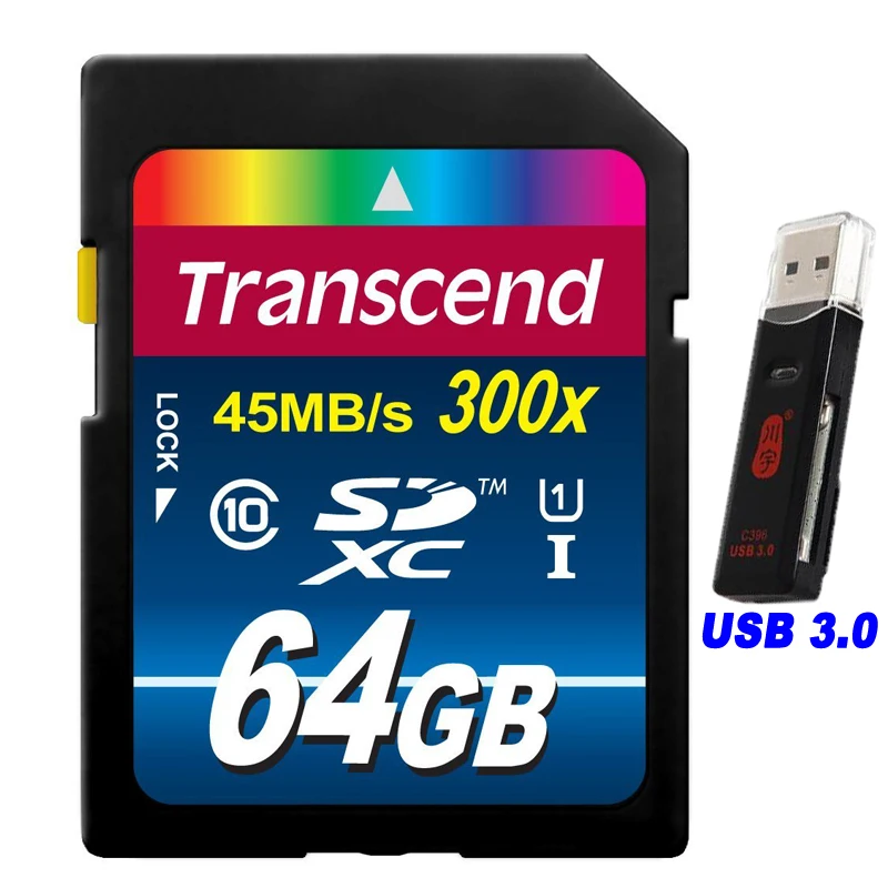 Высокая скорость Transcend 16 32 64 GB sd-карта 300x класс 10 UHS-I флэш-карта памяти с USB 3,0 кард-ридер для камеры/планшетного ПК